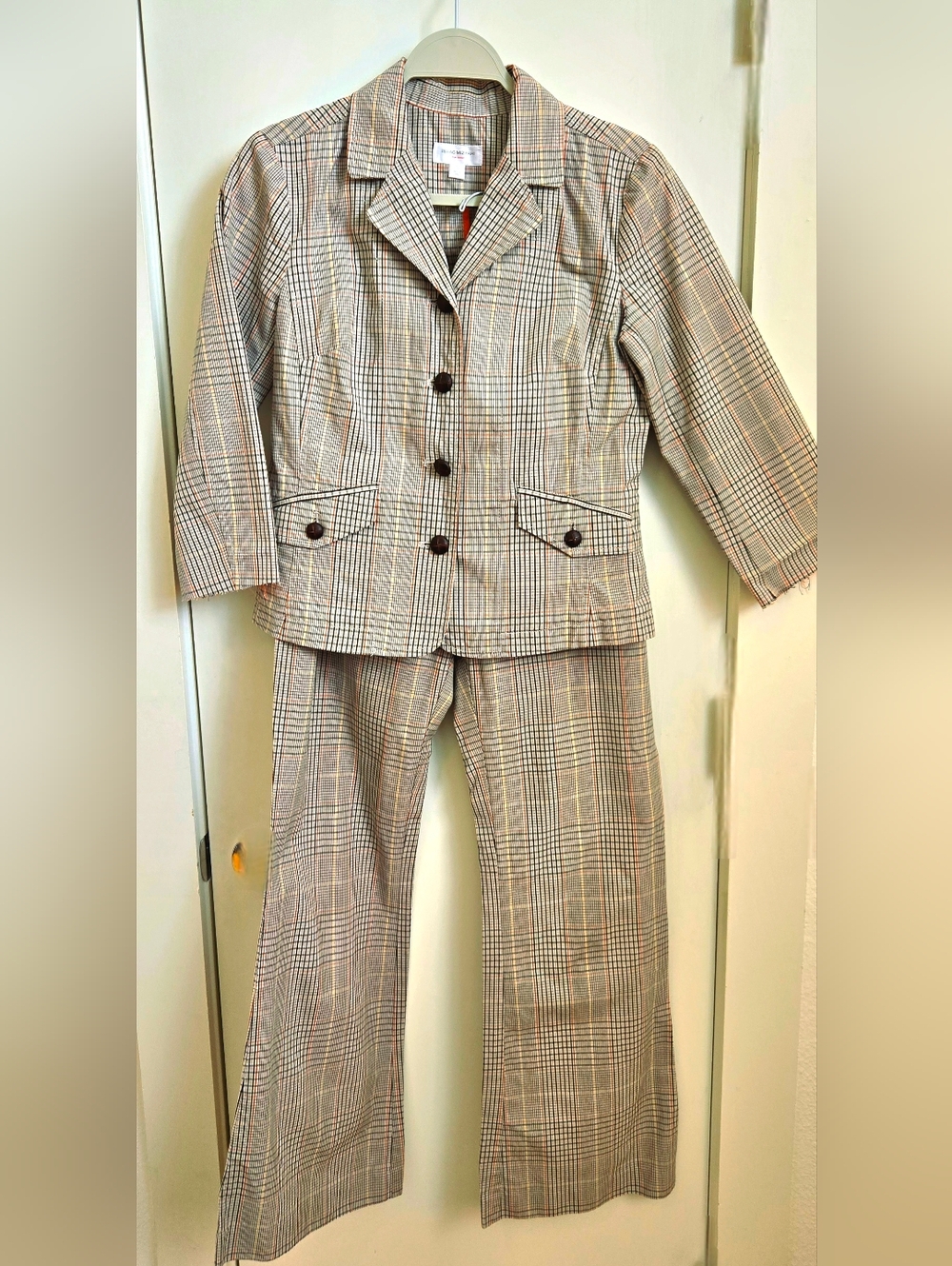 Isaac Mizrahi Plaid Two-Piece Jacket & Pants Suit in Beige, Black, and Orange